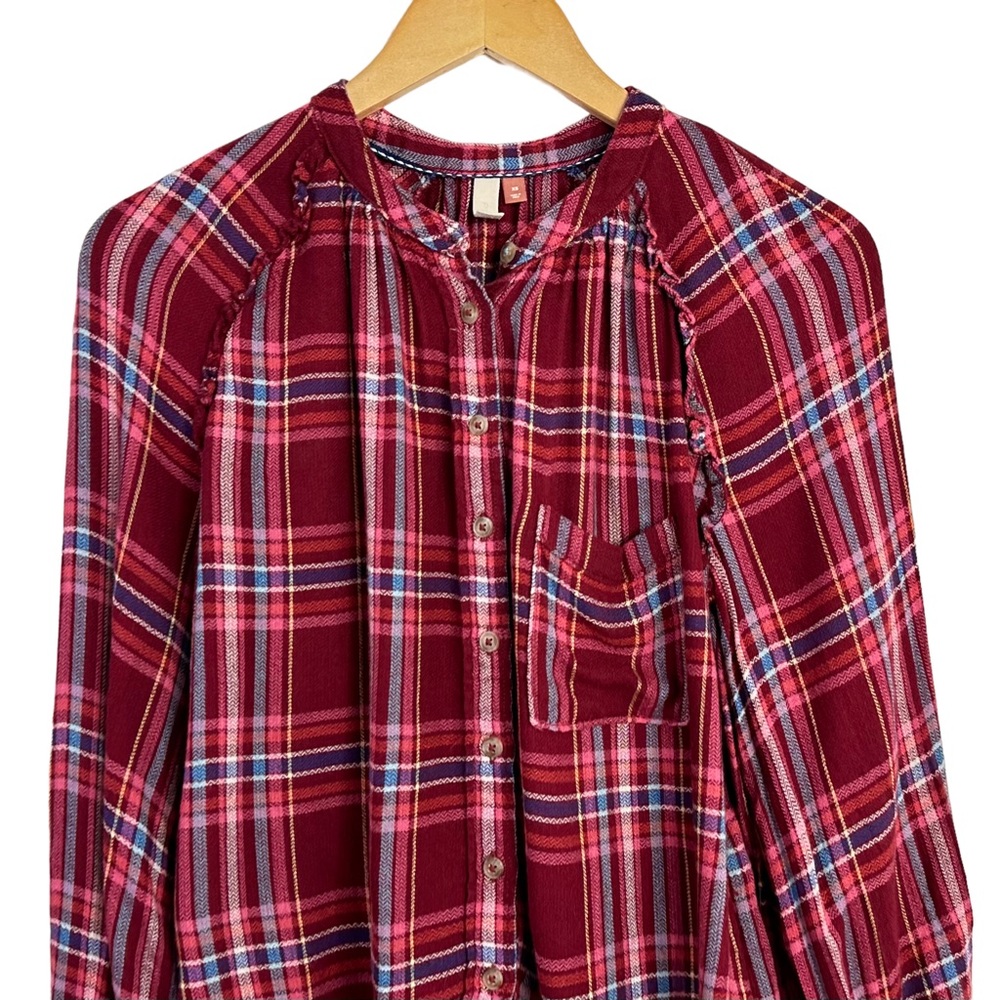 Pilcro Anthropologie Women Breezy Plaid Button Down Shirt XS Maroon Long Sleeve - Picture 6 of 10